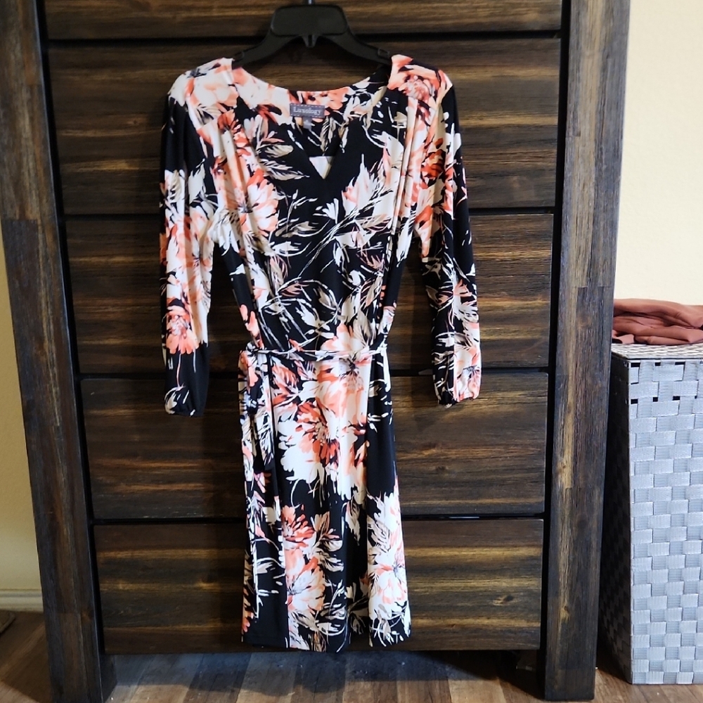 Luxology Black Midi Dress with Pink and Cream Floral Print